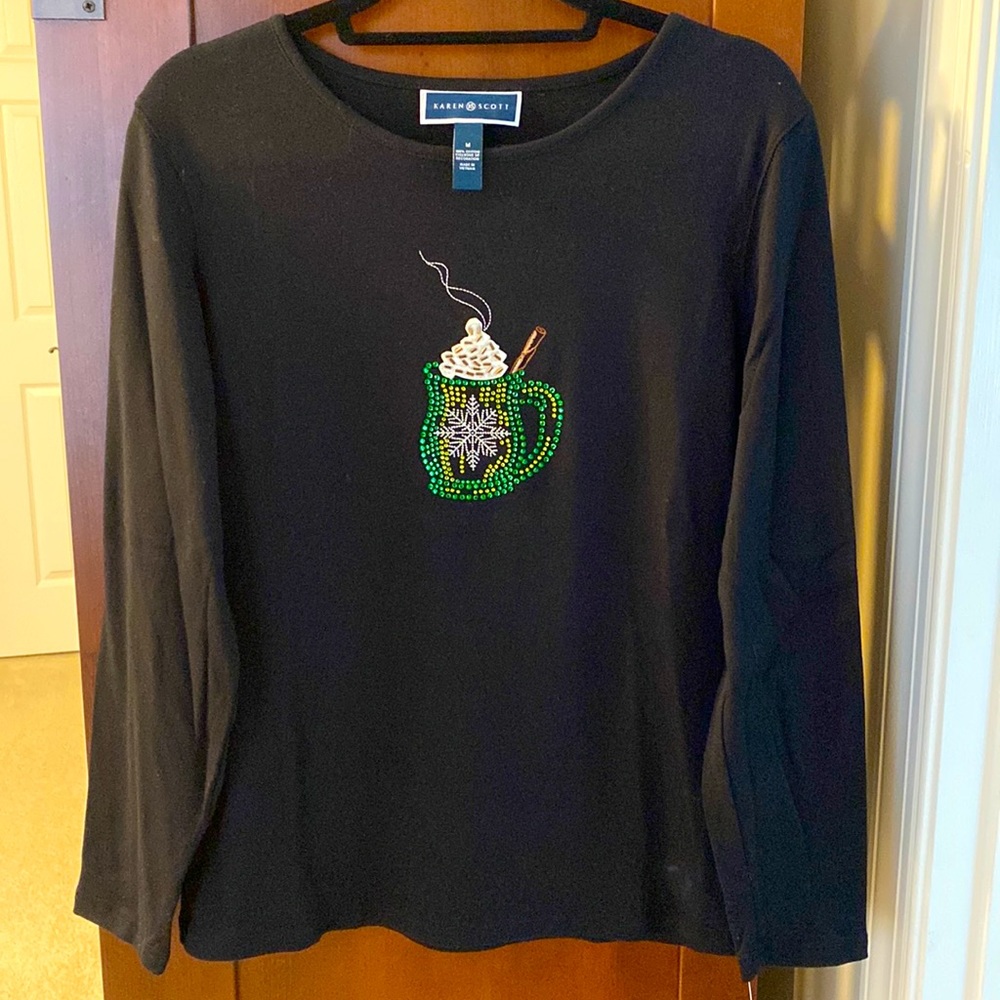Glittery “hot chocolate “ design LS black top